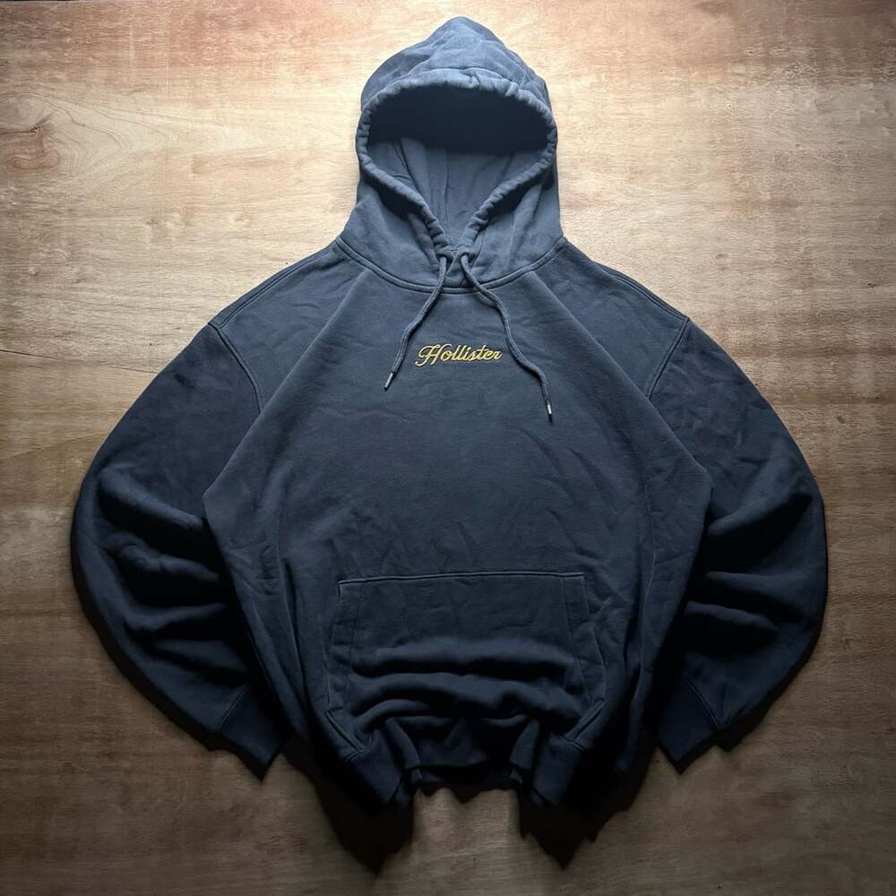 Hollister Embroidered Logo Hoodie Large Navy Blue Y2K Style Pullover
